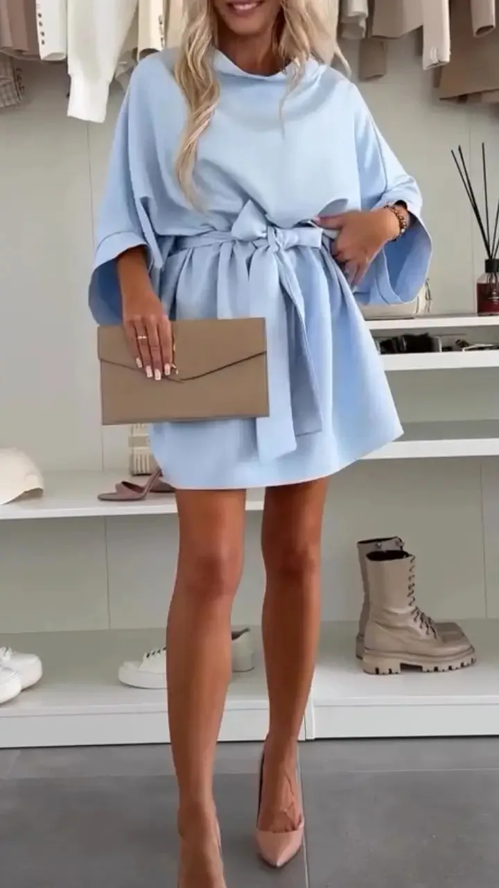 Vestidos de manga batwing para mulheres 2025 moda sólida o-pescoço rendas até vestido casual solto verão mini vestido senhoras rosa