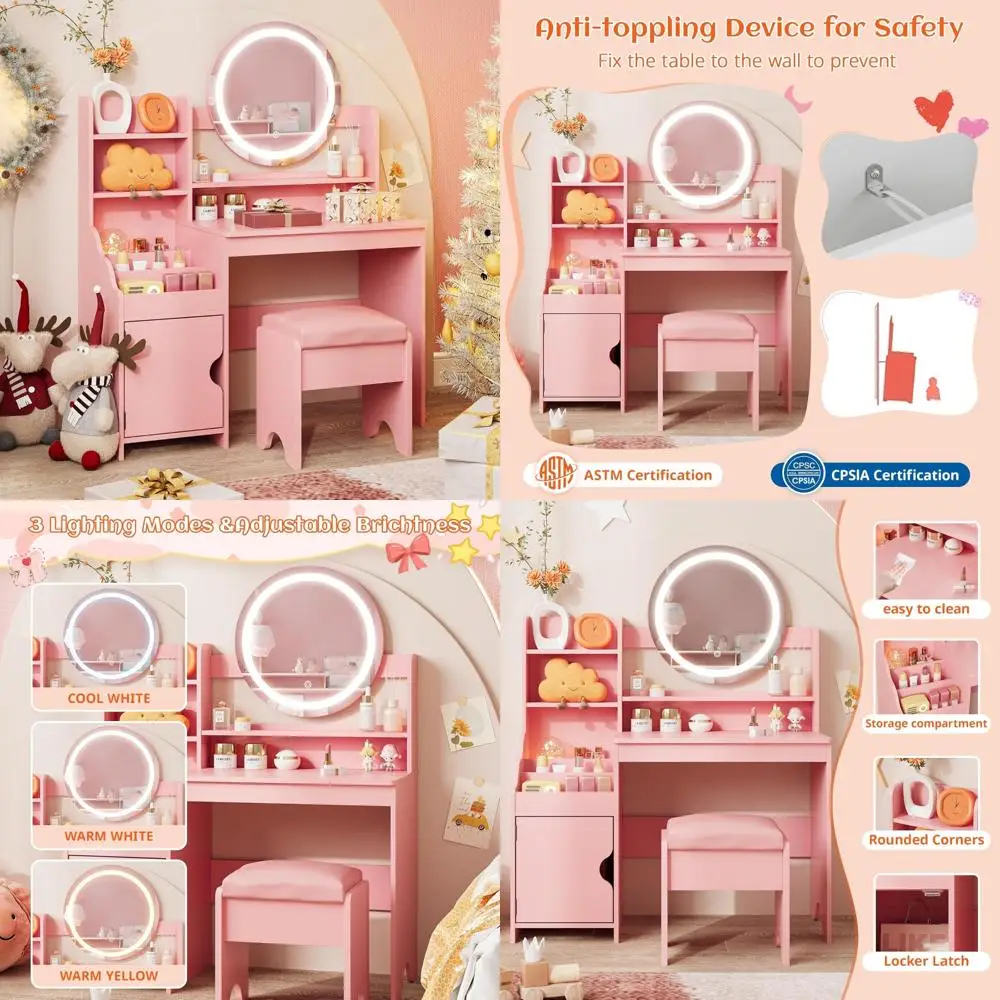 

Kids Vanity with Lights, Princess Makeup Vanity Desk with Open Bookshelf, Storage Cabinet & Shelves, Toddler Vanity Table and C