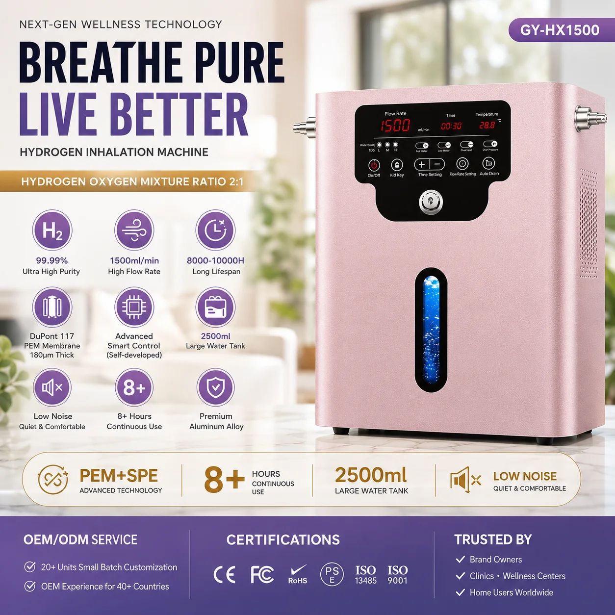 Suyzeko OEM Portable H2 Therapy Hydrogen Breathing Hydrogen Inhalation Machine For Home Use Relaxation Energy Support