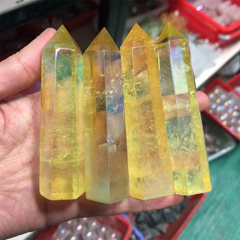 

Quartz Crystal Aura Yellow Wand Point Natural Stones Polished Healing Reiki Gemstones Home Decoration