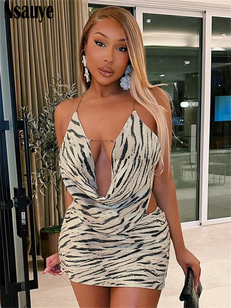 

Nsauye 2026 Летний женский сексуальный комплект: новый топ-халтер в полоску зебры и мини-юбка для вечеринок, 2 предмета