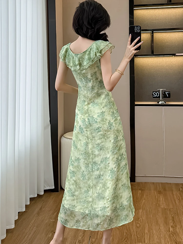 여성 그린 플로럴 쉬폰 시크 보우 러플 V넥 섹시 드레스 여름 우아한 캐주얼 비치 드레스 2025 한국 바디콘 파티 드레스