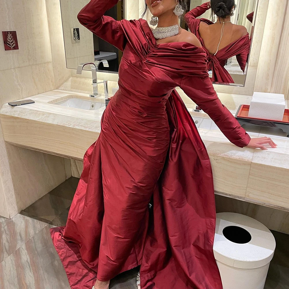 Customized High Quality Satin Straight Off the Shoulder Evening Dress Long Sleeves Burgundy Backless  Panel Train Party Dress