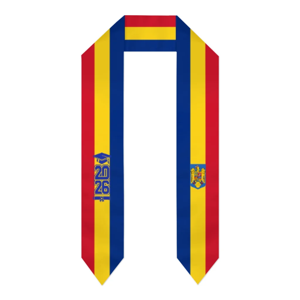 Echarpe de Graduación con Bandera de Rumania, Clase de 2026, Estola para Estudios Internacionales, Accesorio de Fiesta Unisex para Adultos, Estampado Superior