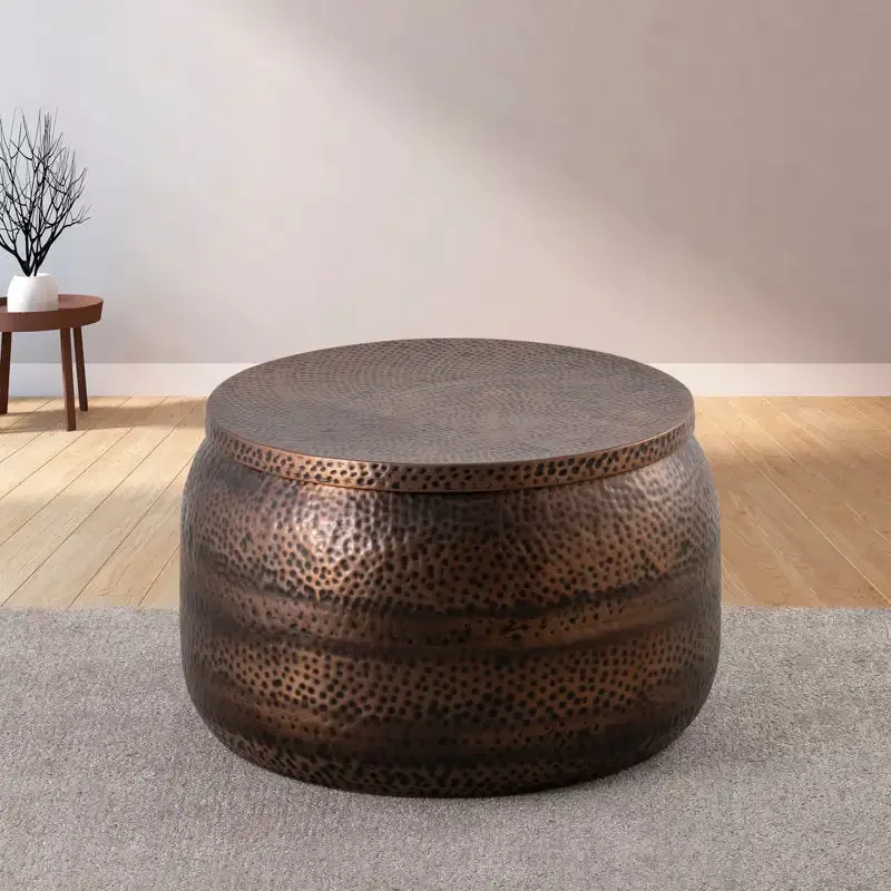 Antique copper hammer metal coffee table with storage and removable lid