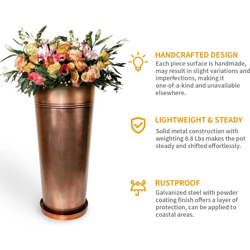 28 in. Metal Tall Copper Planter Sets Tapered Elevate Pots Hand-Finished Antique Copper for Outdoor/Indoor/Patio Deck Entryway