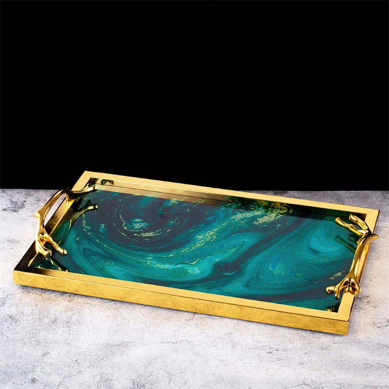 Metal Decorative Tray Nordic Wind Glass Agate Green Serving Trays Large Home Decoration Storage Supplies Snack Tea Set Plate