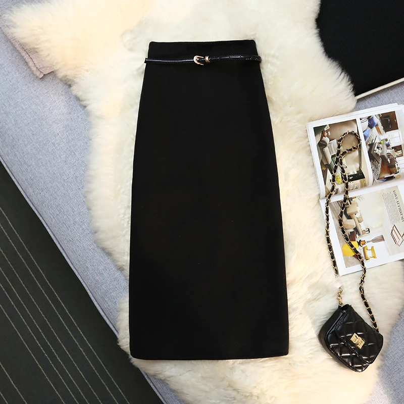 تنورات متوسطة الطول من الصوف ملفوفة بالبحر للنساء ، تنورات مستقيمة أحادية اللون بخصر مرتفع للمكتب ، موضة جديدة ، الخريف والشتاء ، سيدة #3