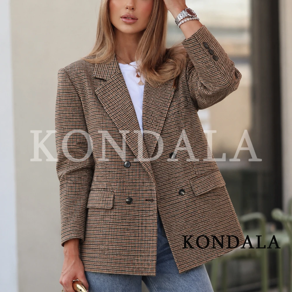KONDALA Women Fall Classic Chic Plaid Blazer Elegant Commute Double-breasted Blazer New 2026 Autumn Trendy Vintage Casual Blazer