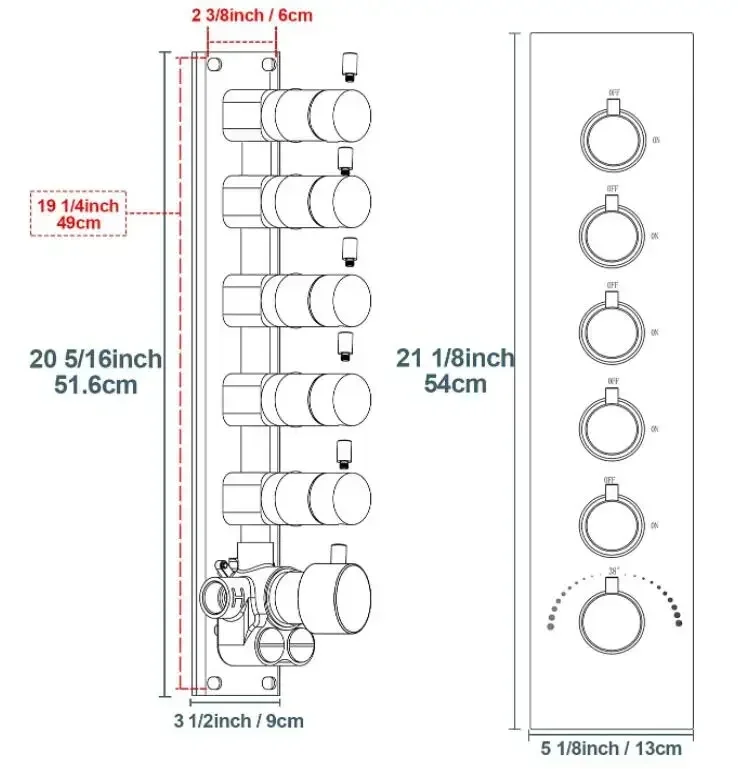 Brass Concealed 5-Way Thermostatic Valve Shower Mixer Water Diverter with Round Knobs Black, Work Simultaneously Individually