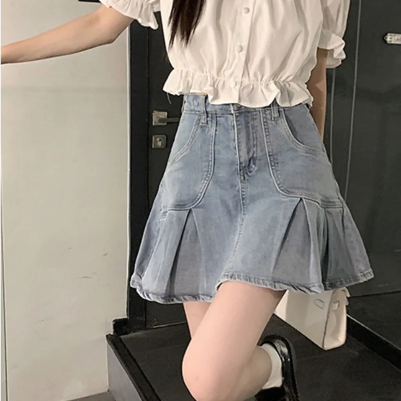 

Blue Denim Pleated Skirts Female Summer High Waist Slim A-line Package Hip Overskirt Summer Small Women's Jean Short Dresses