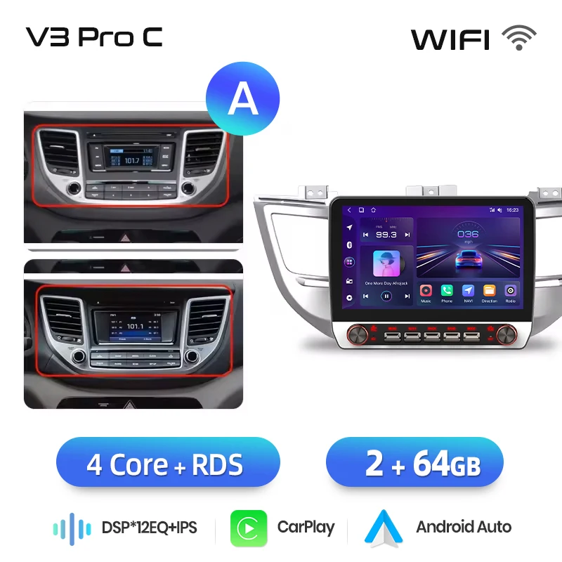 Junsun 13.1″ QLED draadloze CarPlay Android Auto autoradio voor Hyundai Tucson 3 2015-2018 Intelligente systemen DSP SWC RDS GPS FM