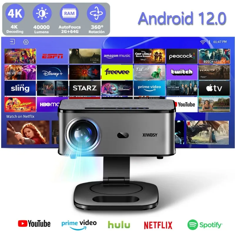 Proyector Portátil de 40000 Lúmenes, 4K, Android 12.0, Proyector para Luz Diurna, 64G, Video 8K, Cine en Casa, Autoenfoque, Proyector Inteligente