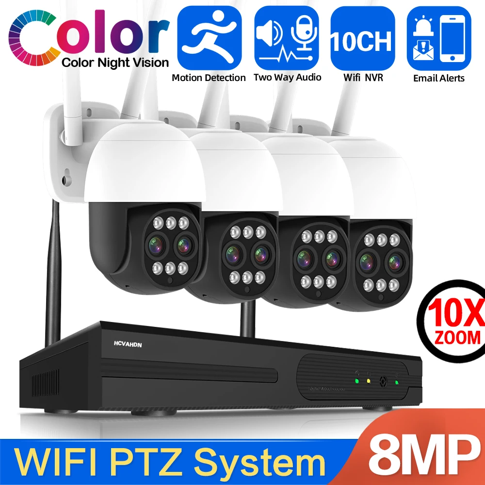 

4 Channel Wifi CCTV Security Camera Kit Outdoor 10X Zoom PTZ IP Camera Set Auto Tracking Wireless NVR Surveillance System 10CH