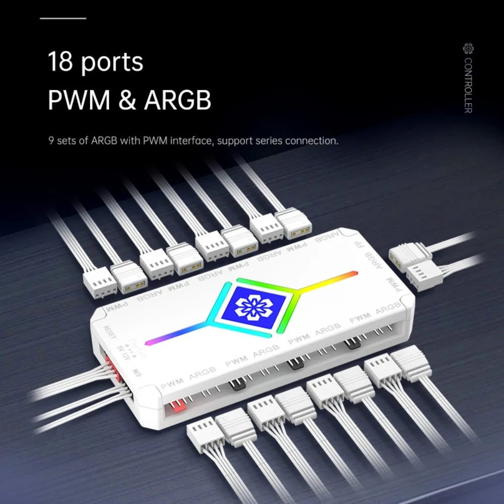 5 فولت 3PIN ARGB HUB وحدة معالجة خارجية للكمبيوتر مروحة الضوء الإلهي متزامن PWM التحكم الذكي في درجة الحرارة 9-Port Hub التحكم عن بعد لعلبة الكمبيوتر