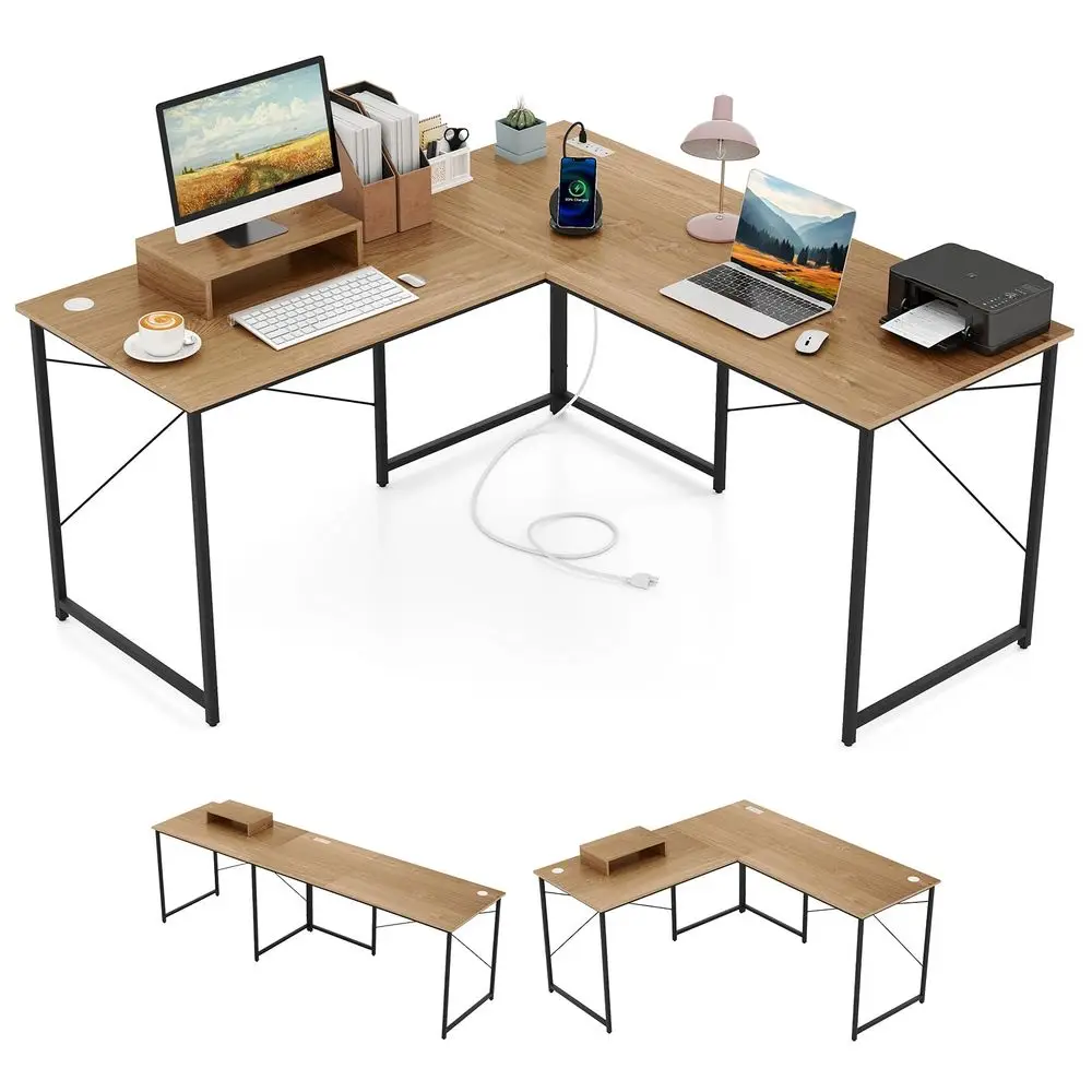 LShaped Computer Desk with Power Outlets, 95 Long 2Person Desk with Monitor Shelf, Modern Corner Desk Gaming Table with USB Por