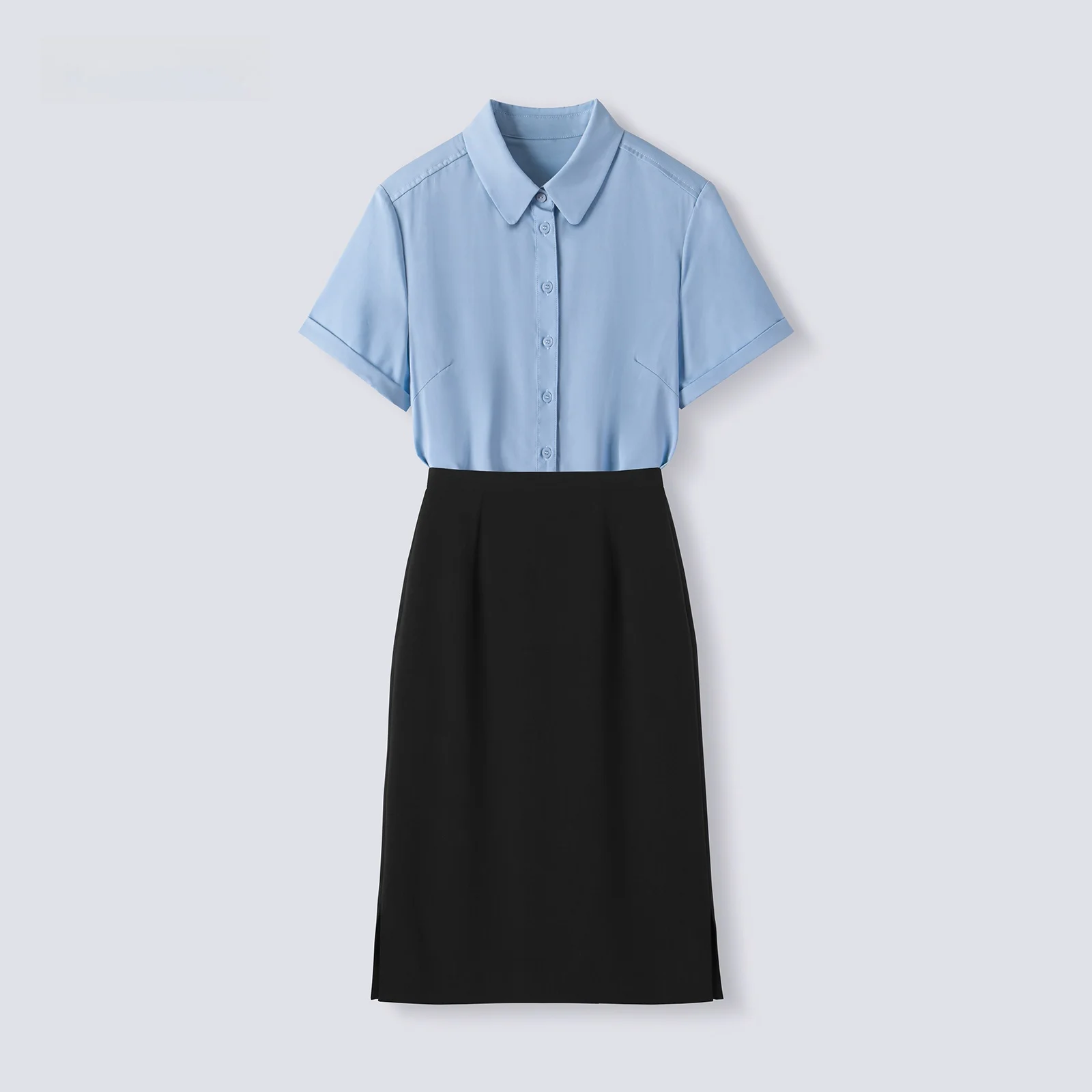

Blue Bamboo Fiber Short Sleeve round Neck Shirt Professional Office Wear Formal Suit Set for Women Summer Commute Style