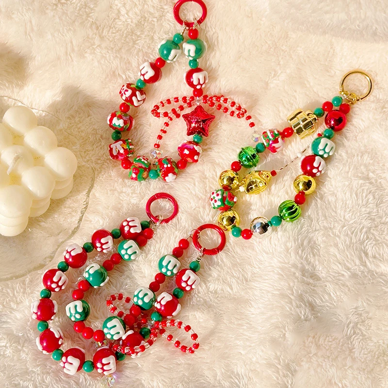 Cute Hand Drawn Beaded Christmas Phone Chain KeyChain Anti-lost Phone Wrist Strap Bag Pendant Decoration