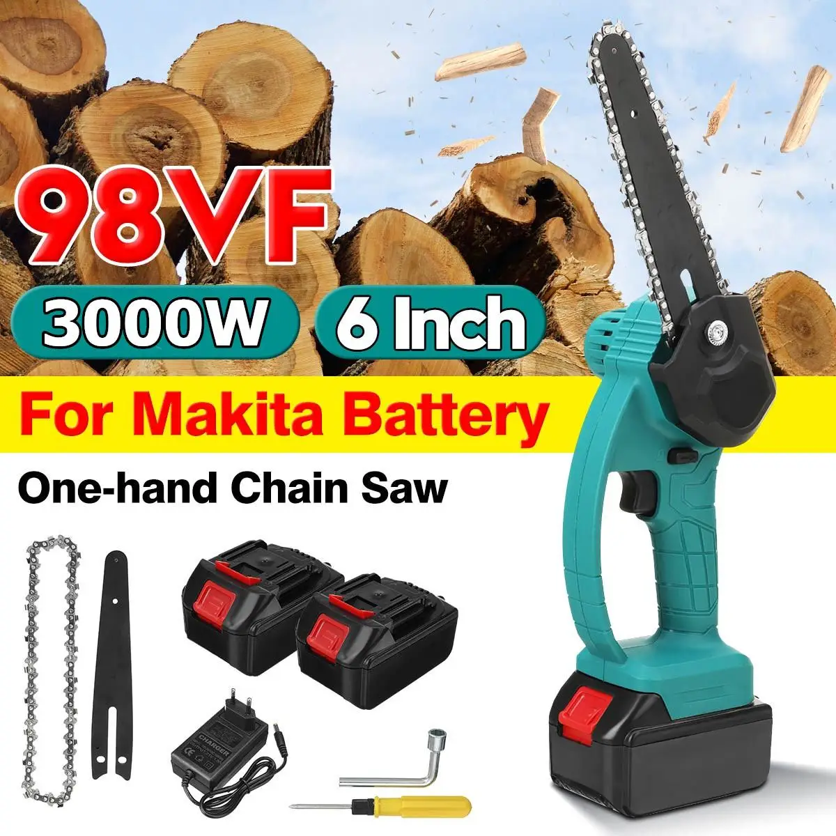 98V 6 Inch Brushless Chain Saw Cordless Mini Handheld Pruning Saw Portable Woodworking Electric Chain Saw Cutting Tool