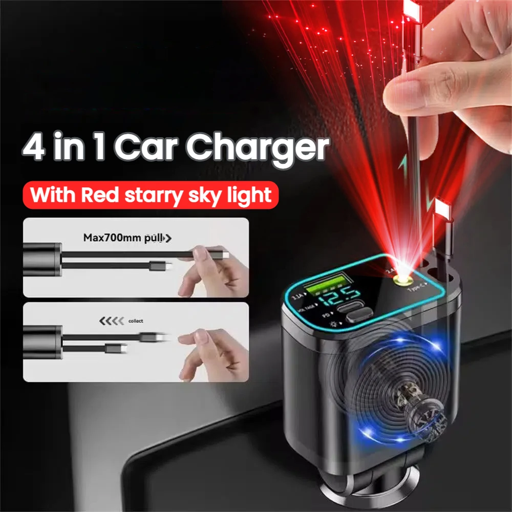 

Автомобильное зарядное устройство PD30W 4-в-1 с выдвижным кабелем USB C IOS, дисплей напряжения, быстрая зарядка для автомобильного адаптера IPhone Samsung