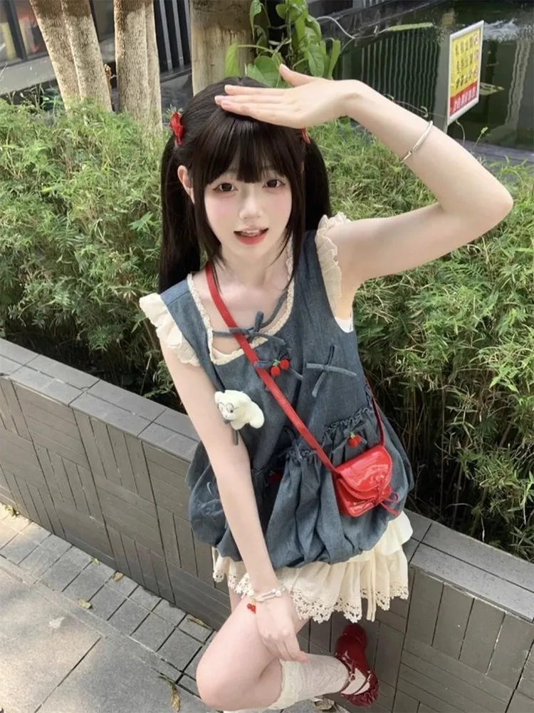 Red Cherry  Knot Denim Halter Vest Women Summer Bloom Lace Fluffy Skirt Two Piece Set Women's Fashion Summer Outfit view 2