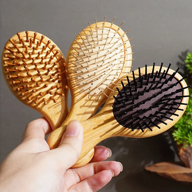 مشط شعر صغير صديق للبيئة وسادة هوائية خشبية محمولة وسادة هوائية لطيفة مضادة للكهرباء الساكنة واسعة مستديرة الرأس تدليك الأسنان أمشاط فرشاة شعر