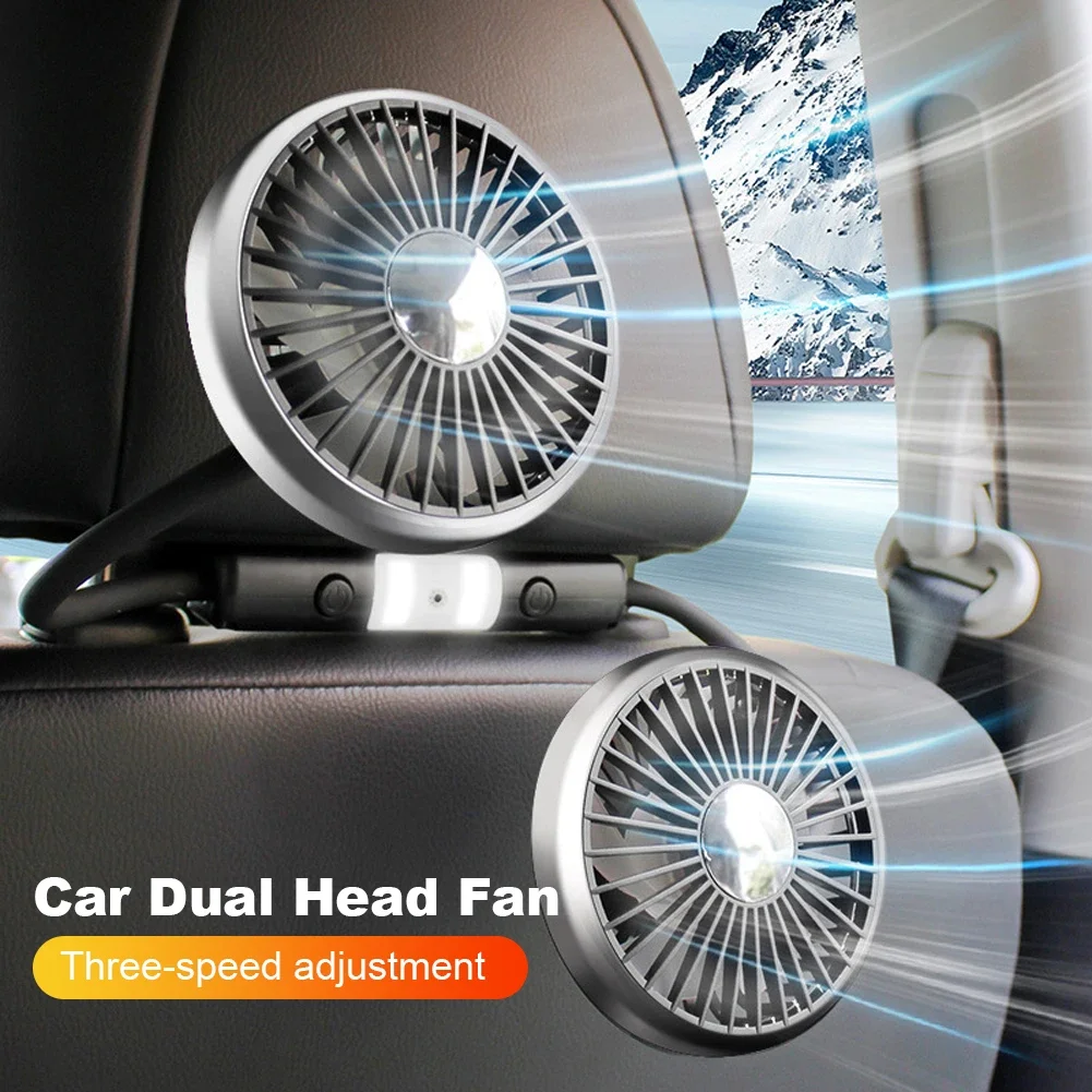 Car Seat Back Cooling Fan with Light 360 Rotation Auto Headrest Ventilation Fan Dual Head Fan Type C Powered for Vehicles SUV RV