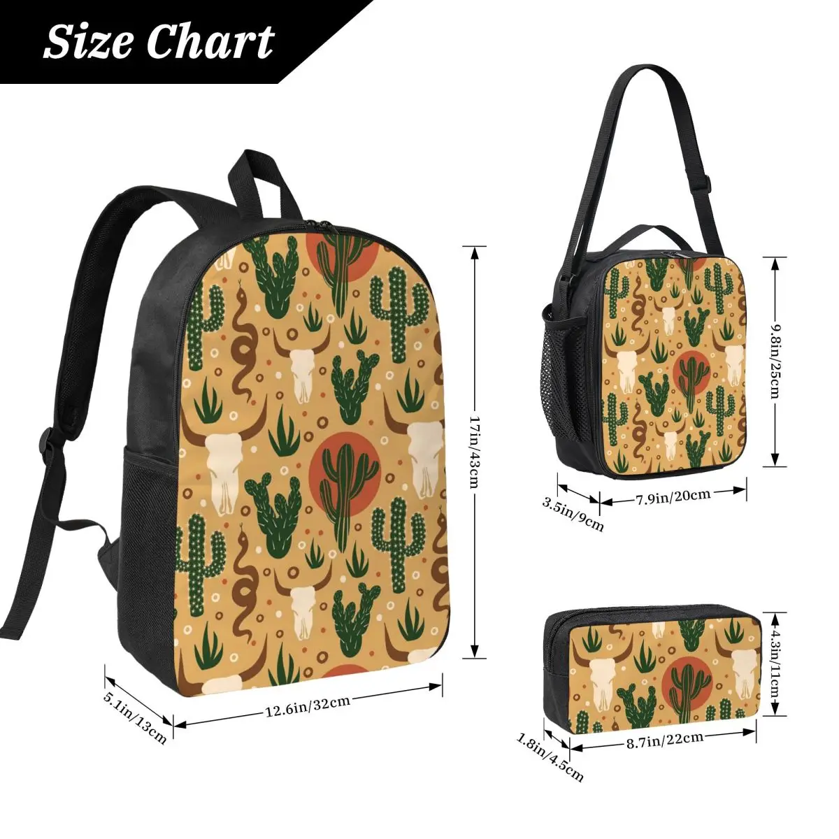 Western Bull Head And Cactus Design Backpack Student BookBag School Bag Laptop Shoulder Bags 3ps Insulated Lunch Bag Pencil Case