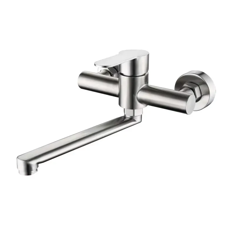 304 Stainless Steel Brushed Into The Wall Extended Spout Sink Faucet Vegetable Washing Basin Hot And Cold Faucet