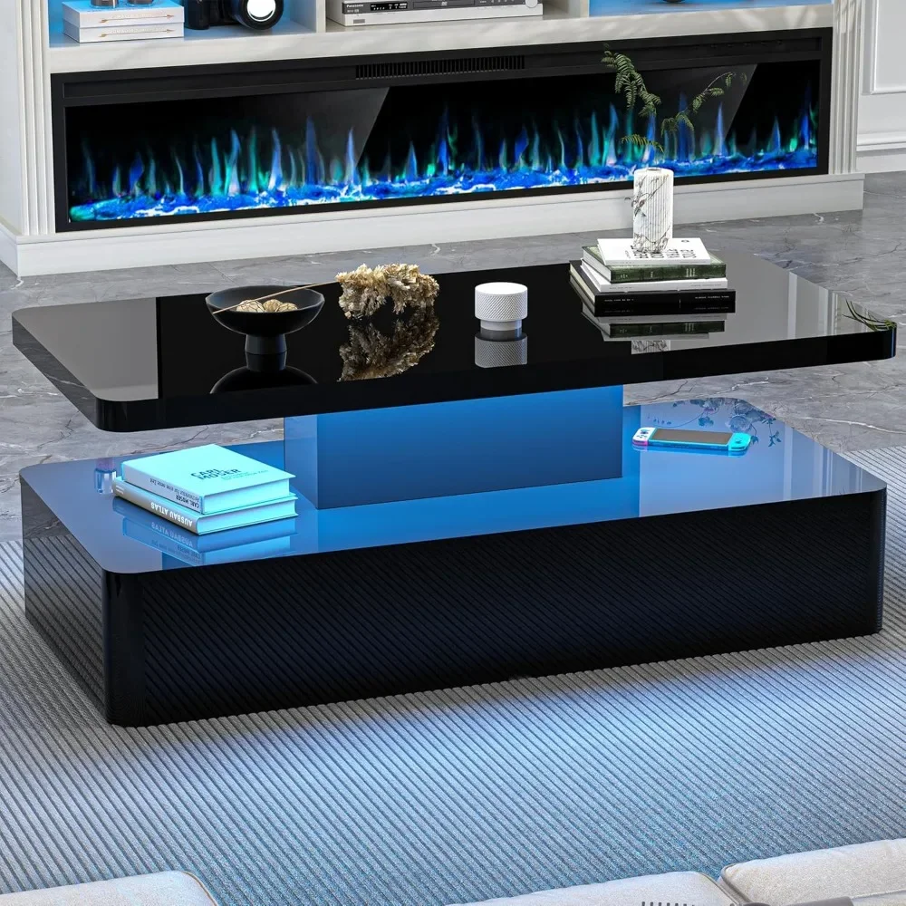 Contemporary Coffee Tables for Living Room, LED Coffee Table with Rounded Corner in 16 Colors, High Gloss 2 Tiers Table