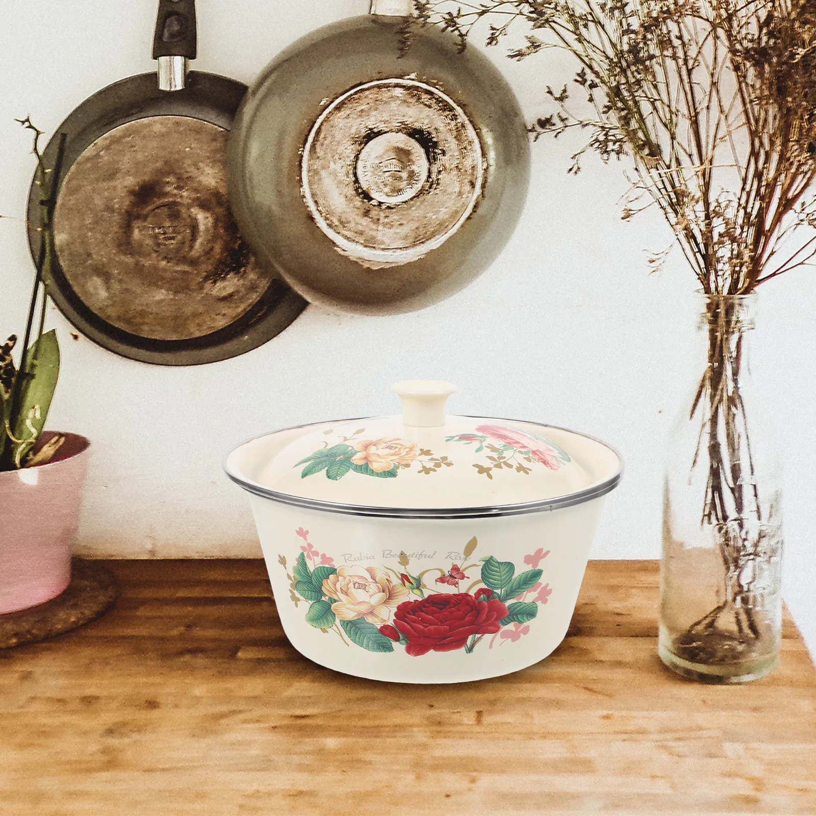 

Retro Enamel Bowl Vintage Pot Kitchen Supply Storage Soup Bowls Lid Easy Clean Home Use Practical Convenient