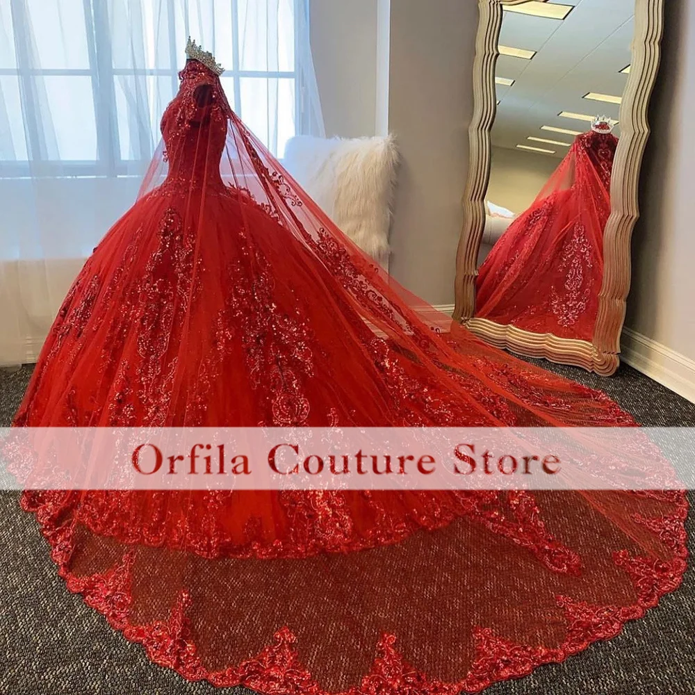 Orfila Red Princess Quinceanera Dresses With Cape Sequin Applique Volume vestidos de 15 años Green Pageant Dress Customized