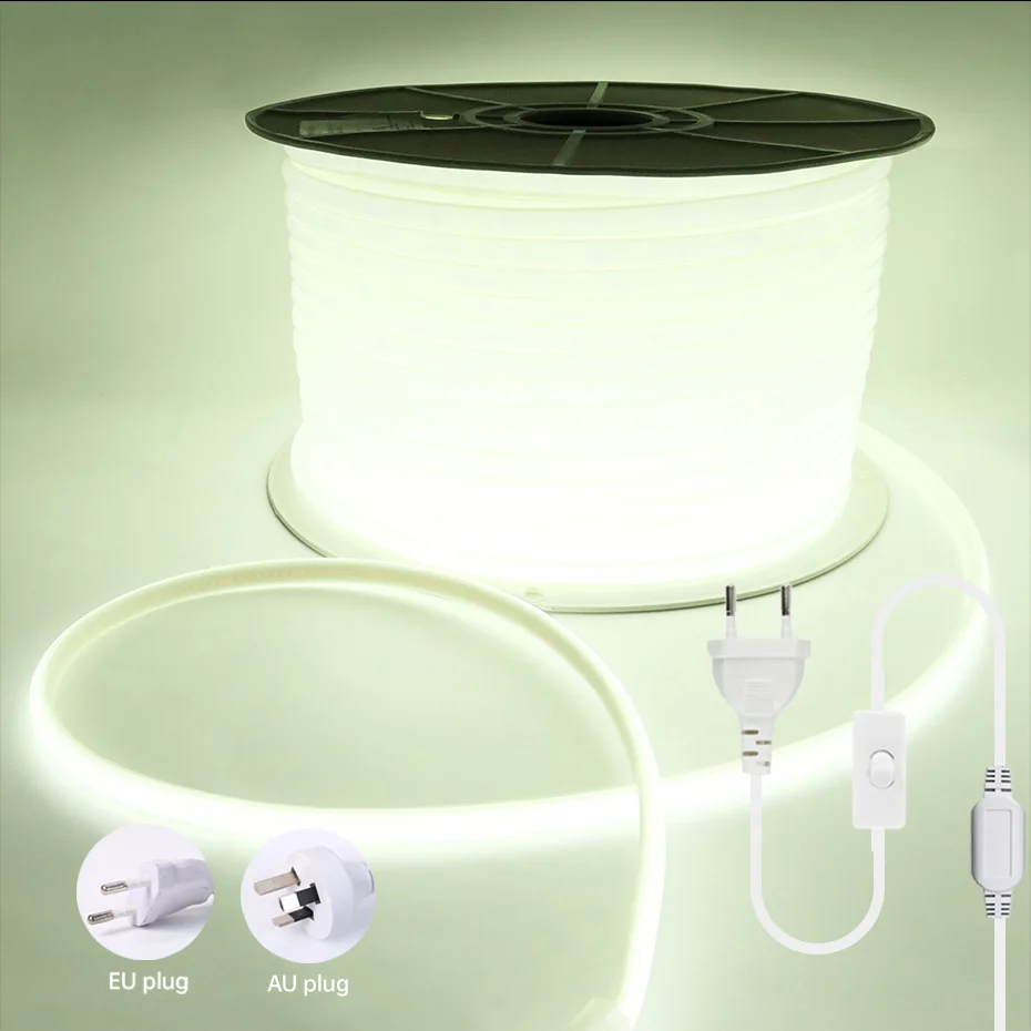 Waterproof 220V COB Led Strip EU AU ON/OFF Switch Power Plug 1-50M Cuttable Led Neon Strip 288Leds/m COB Tape Light For Home