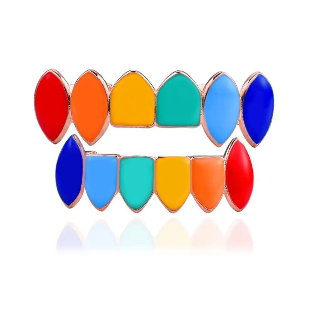 Hiphop Multi Color Druppel Olie Cz Tanden Grillz Caps Kubieke Zirkoon Iced Out Microtop & Bottom Charm Grills Voor Mannen Vrouwen Sieraden Xmas