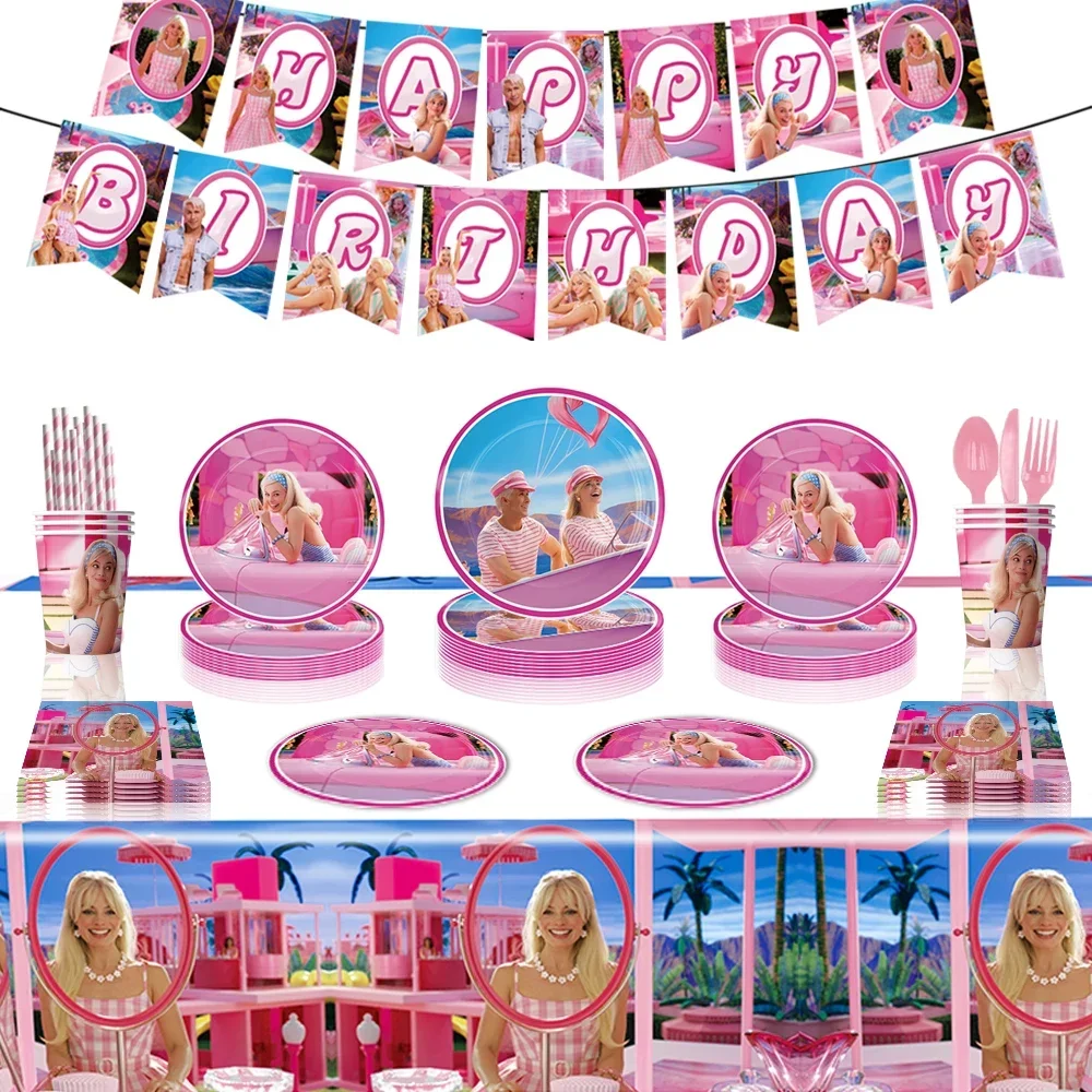 

Barbie Party Supplies Birthday Anniversary Home Party Decorations Disposable Tableware Paper Plates Straws Napkins Cups