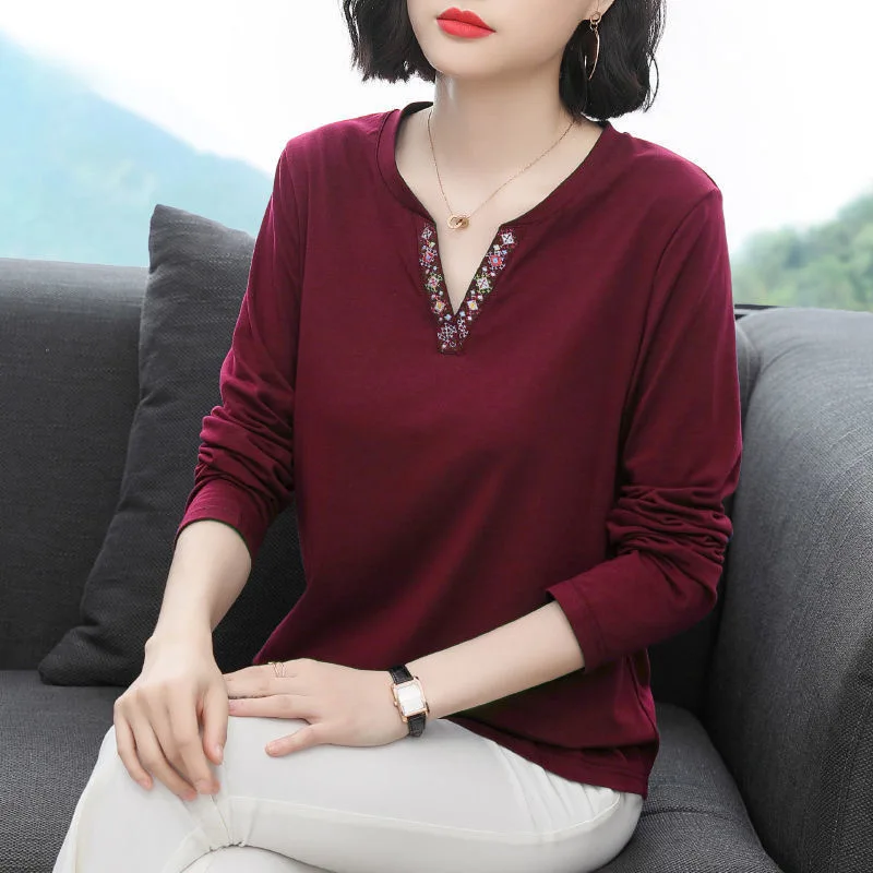 2023 Spring New Fashion T Shirt Woman V Neck Long Sleeve T-shirt Woman Korean Style Shirt Women Shirts