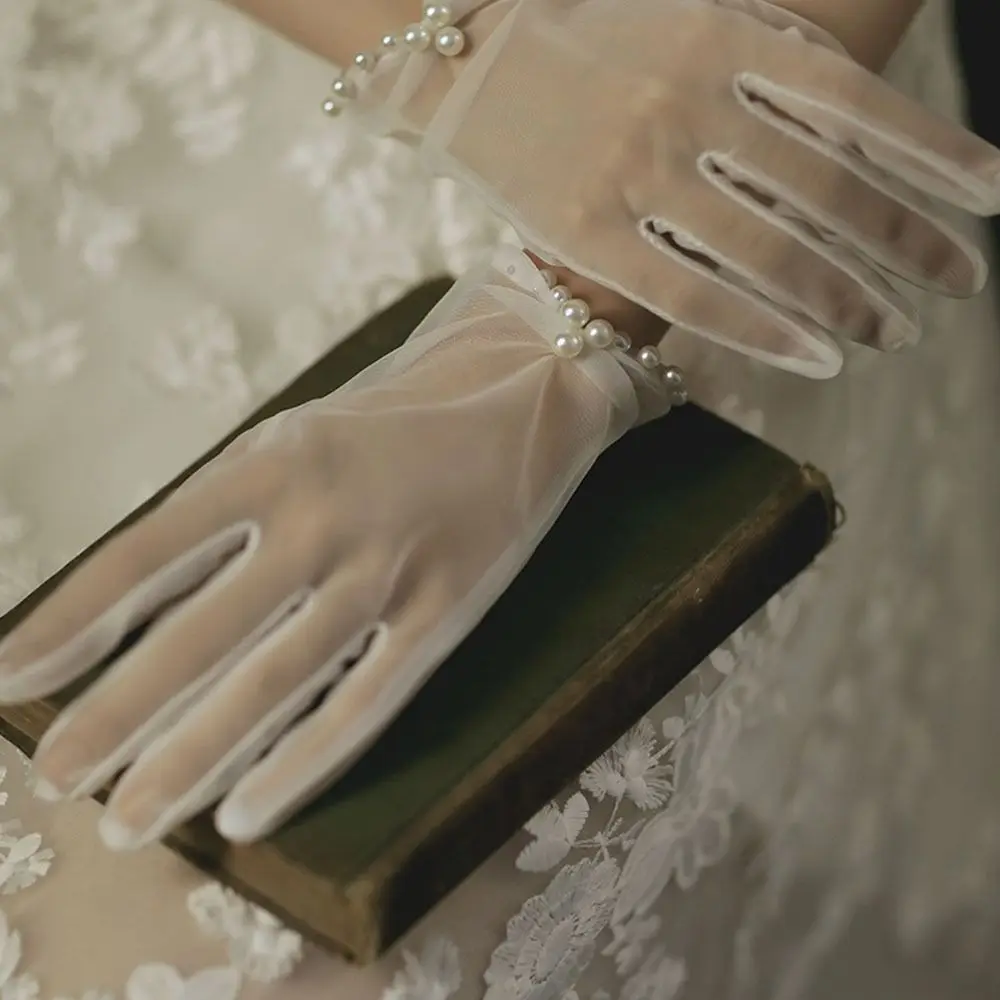 Guantes de malla de encaje blanco para mujer, guantes de muñeca de perlas Vintage, guantes de novia para boda, manoplas para vestido de fiesta,