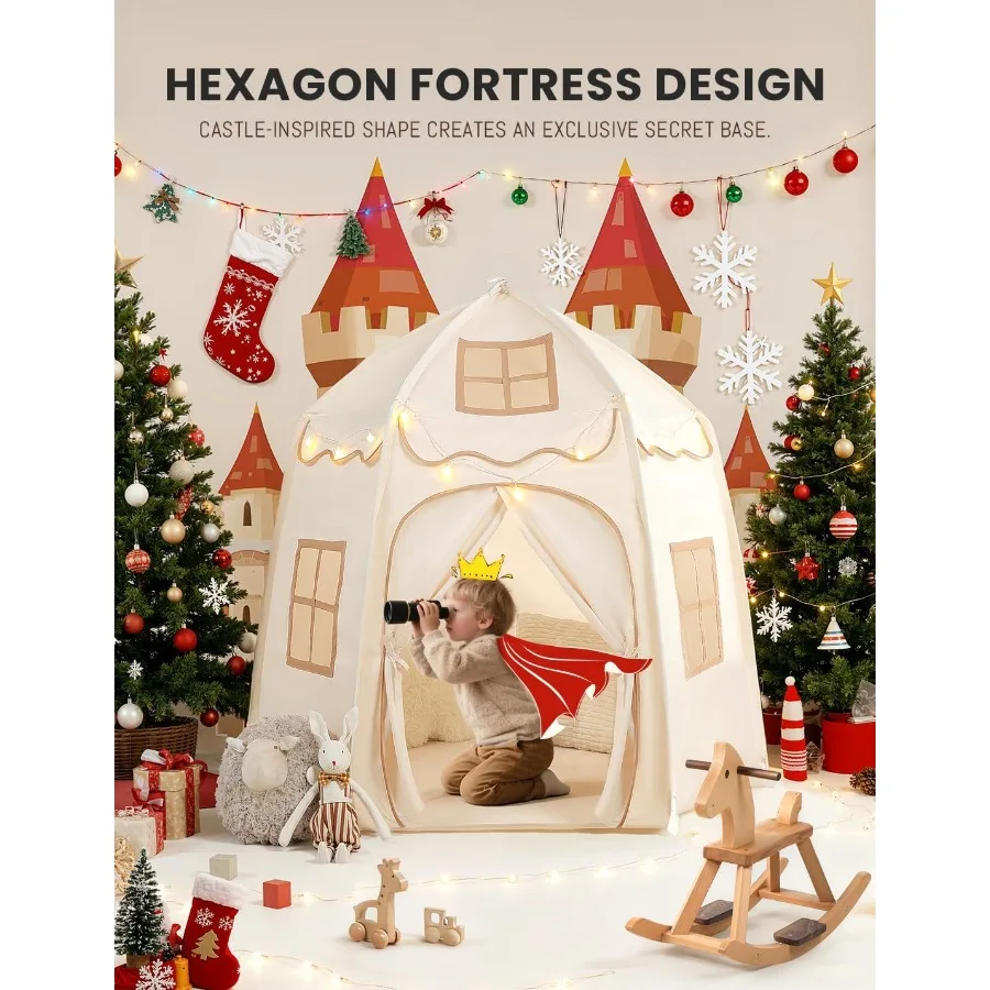 besrey Speeltent Groot zeshoekig speelhuisje met 1 deur 3 ramen en sterverlichting Binnen Buiten Wit Fort voor peuters 61 x 31