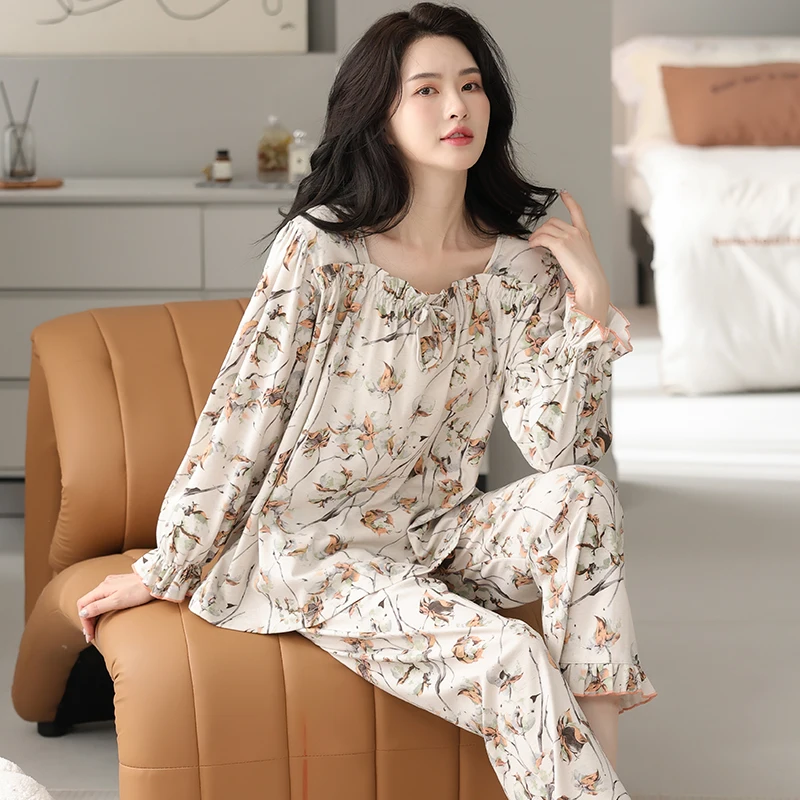 Women‘s Square Collar Pajamas Sets Fashion Print Lady Modal Cotton Pyjamas Set Big Yards M-4XL Sleepwear Loungewear Nightclothes