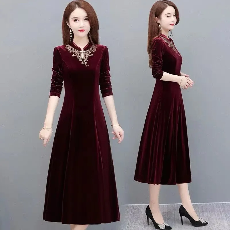 Autumn Winter New Women Velvet Dress Lady Long Sleeve Party Velour Dress Casual A-Line Elegant Vesitos Female Mid Long Dresses