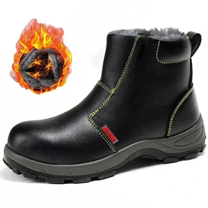 Work Boots Leather Shoes Safety Steel Toe Shoes Plush Warm Winter Boots Anti-smash Anti-puncture Safety Shoes Men Ankle Boots