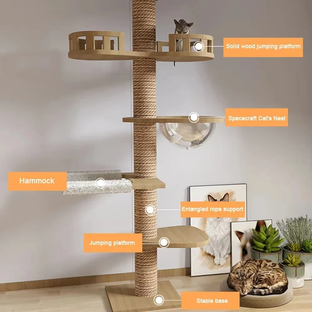 Cats Tree Solid Wood Pets Furniture Climbing Cat Tower Suitable for cats Multifunction Adjustable Multilayer Cat Climbing Frame