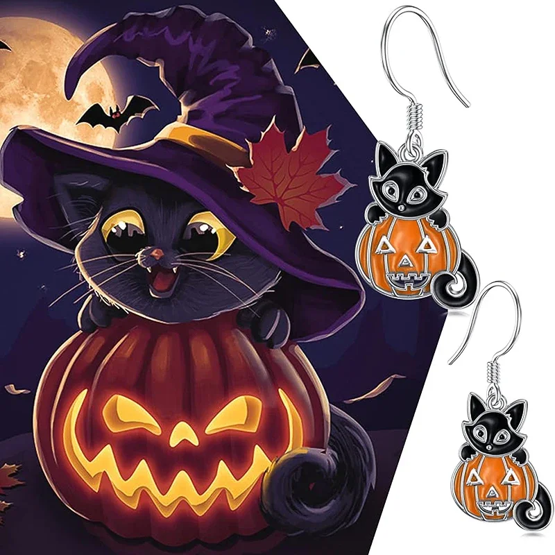 Huitan Halloween Schwarz/Orange Emaille Katzen-Kürbis-Ohrhänger für Damen, niedlicher Festival-Tier-Trend-Party-Metallschmuck, Geschenk