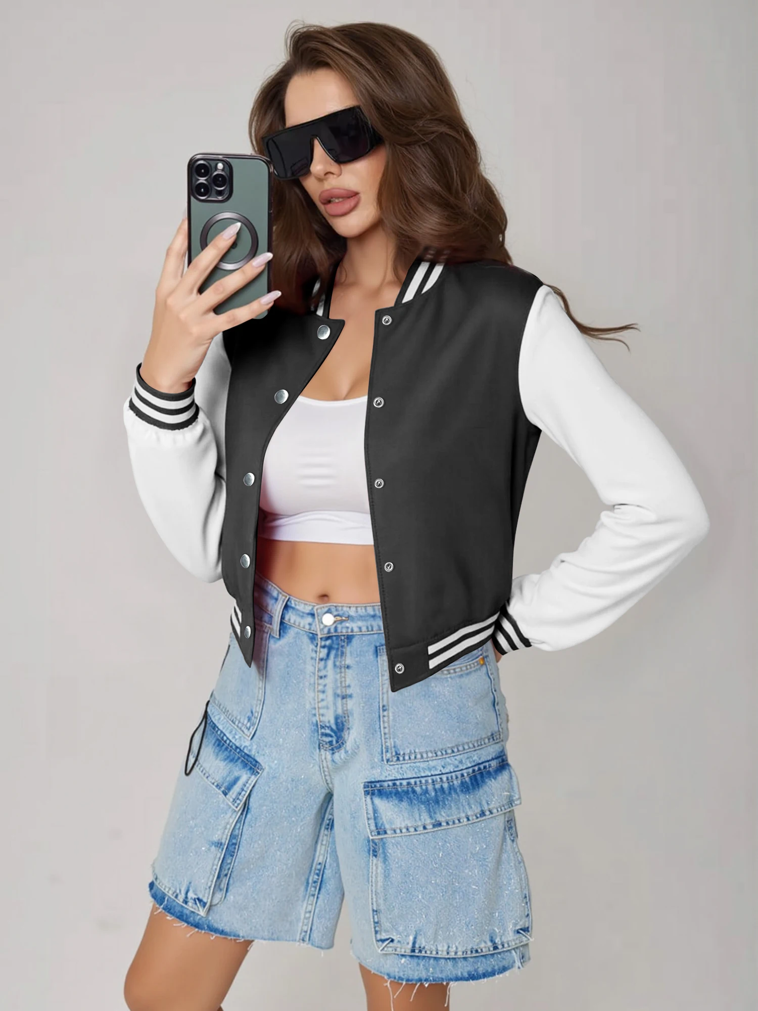 Vintage College Women Cropped Baseball Jacket Contrast Splice Long Sleeve Striped Cuff Single Breasted Street Crop Outerwear