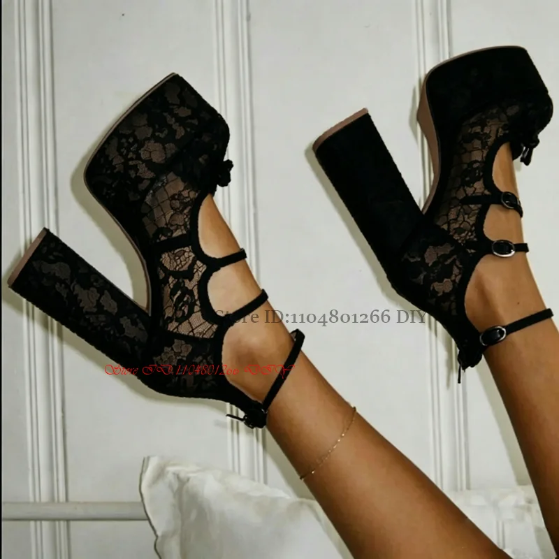 

Black Embroidery Mesh Platform High Heel Shoes Women Buckles Solid Chunky Heeled Bow Knot Sexy Party Casual Designer Pumps
