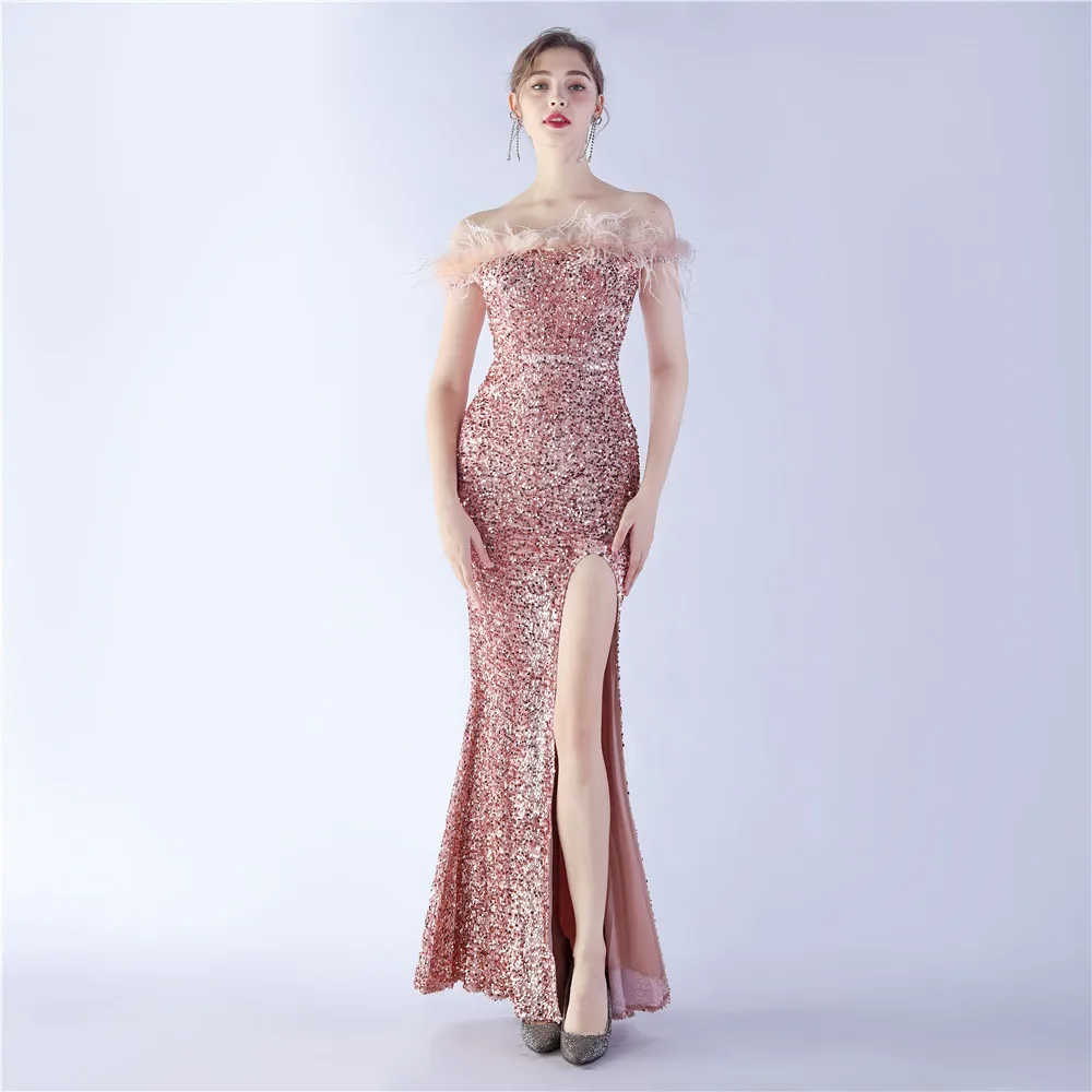 

Fleece Bottom Bead Sheet Craft Order Ostrich Hair Shoulder High-end Evening Dress Long Women Wedding Dresses Drag Queen Costumes