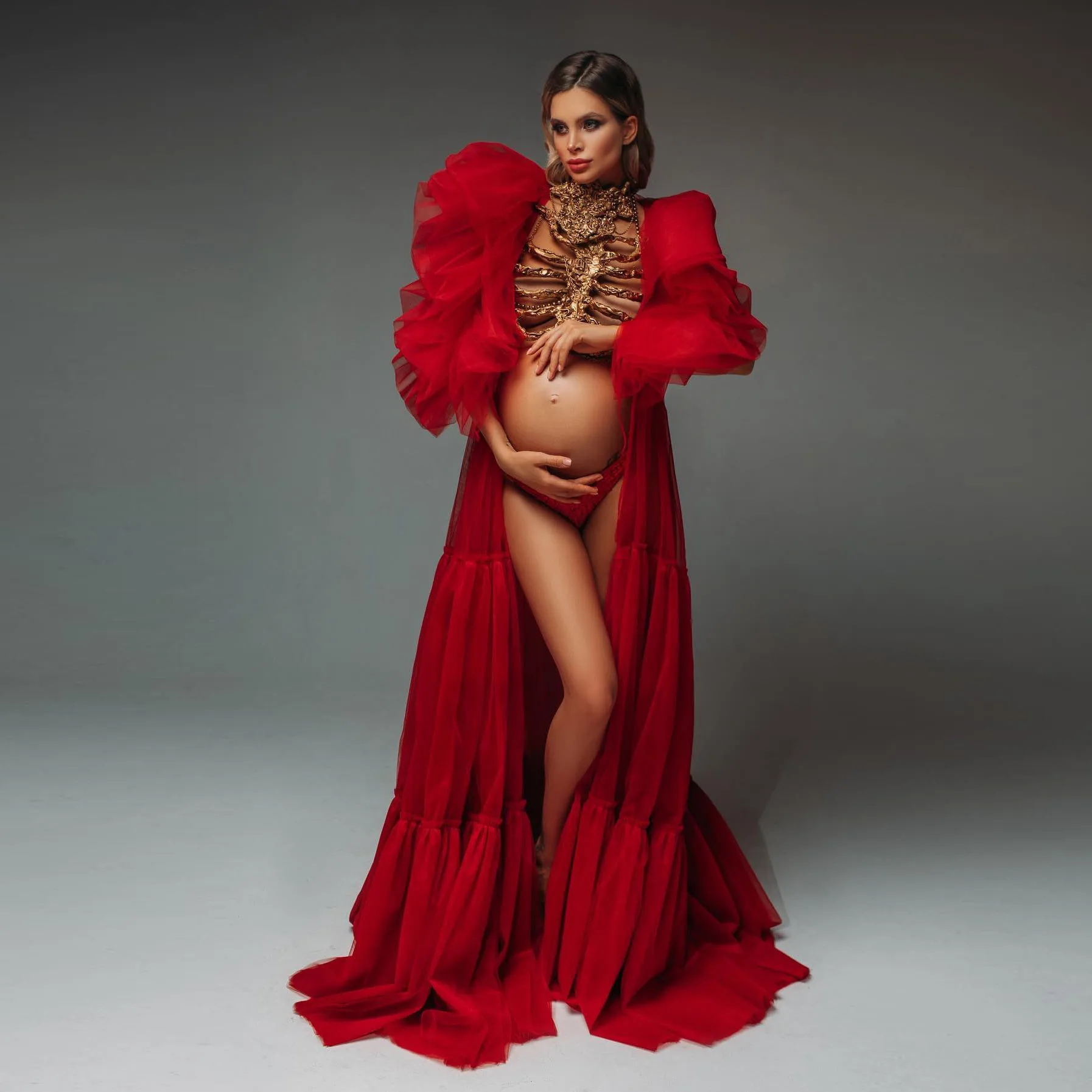 

Pretty Red Soft Tulle Maternity Women Dresses To Photoshoots Pregnant Tulle Robe Outwear Female Maxi Dress