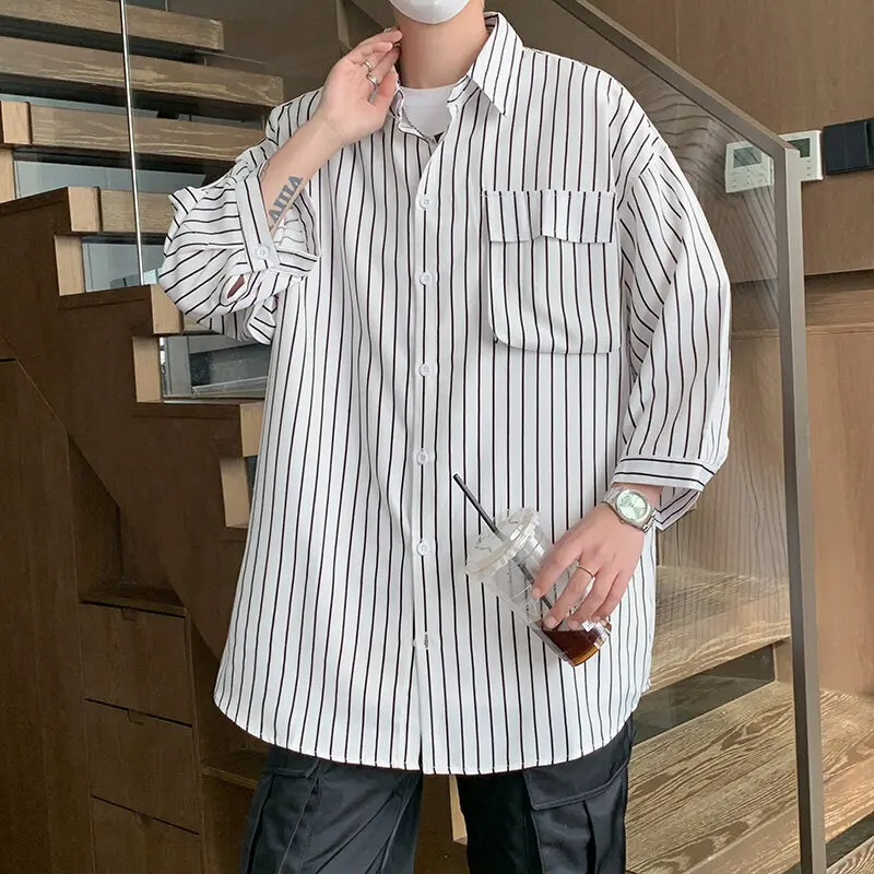 Summer Short Sleeved Shirt Men Pocket White Shirt Men Korean Casual Loose Striped Shirt Mens Office Formal Shirts Large Size 5XL