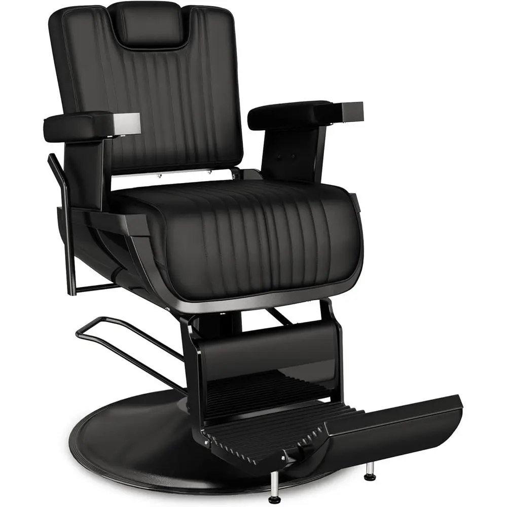 

Vintage Black Reclining Barber Chair, Proional Sn Seat with Thick Padded Cushion and Removable rest, Ideal or Braiding and Styli