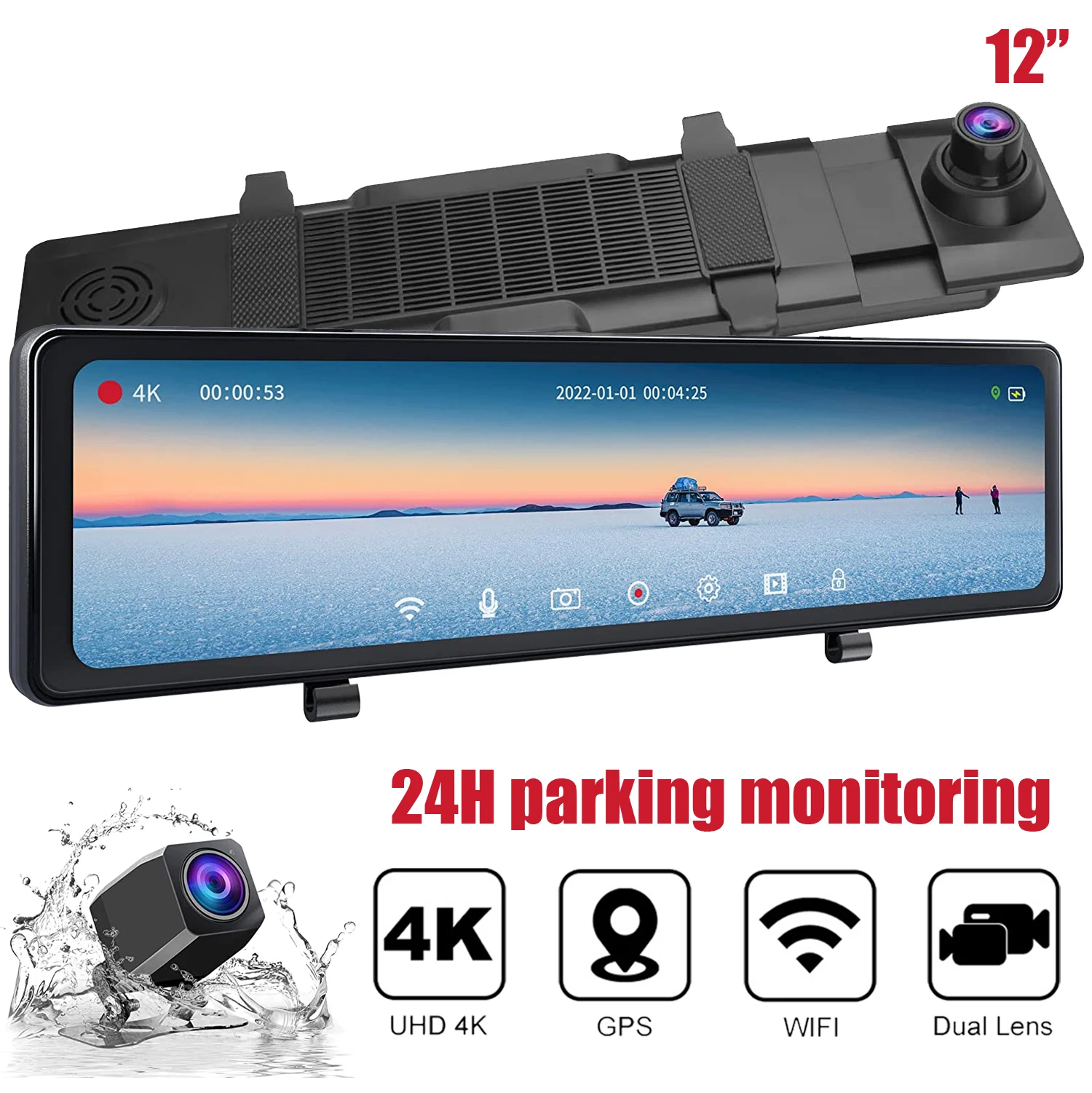 ADDKEY 12-inch Car DVR 4K WiFi GPS Dual Rear Camera Right Lens Video Recorder Super Night Vision RearView Mirror 2160P Dash cam